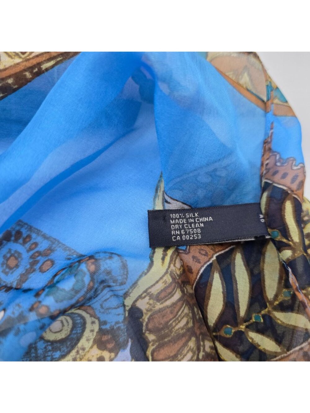 Anne Klein Womens 100% Silk Scarf With Paisley & Floral Print In Blue Brown Gold - Picture 3 of 9